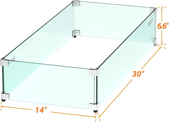 Skyflame 30 x 14 Inches Rectangular Fire Pit Glass Wind Guard for Outdoor