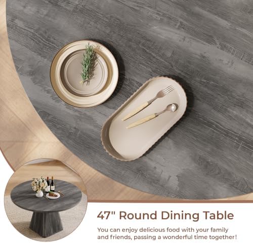 47 Inch Round Dining Table for 4-6, Pedestal Kitchen Dinner Table Grey