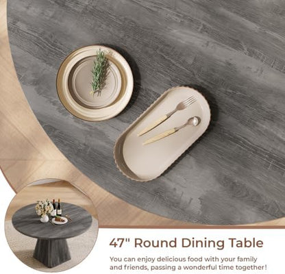 47 Inch Round Dining Table for 4-6, Pedestal Kitchen Dinner Table Grey