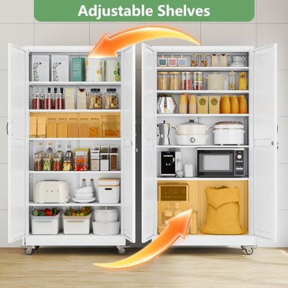 Ckzbx Metal Garage Storage Cabinet with Locking Doors and Adjustable Shelves,73.62" H Rolling Tool Storaget with Wheels for Garage,Office (White)