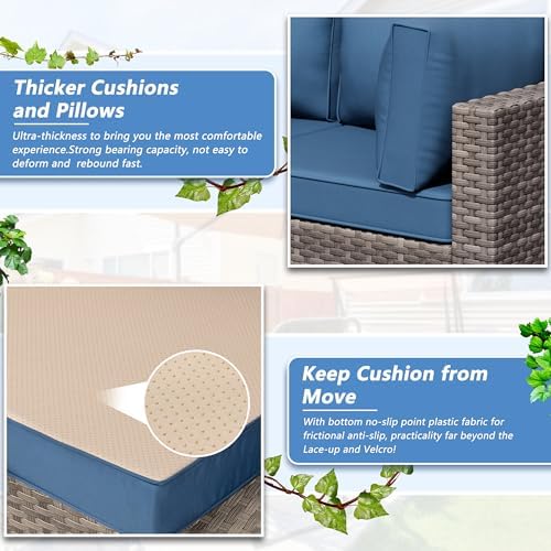 7 Piece Outdoor Patio Furniture Set with Natural PE Rattan, Navy Blue