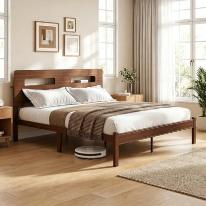 14" Bamboo Wood King Size Bed Frame with Storage Headboard