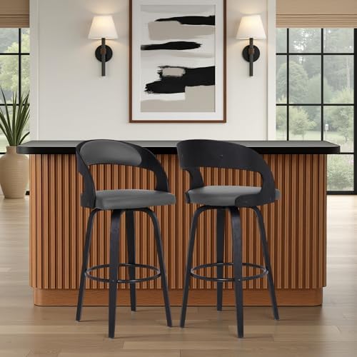 Armen Living Shelly 30" Bar Height Swivel Gray Faux Leather and Black Wood Bar Stool - Set of 2