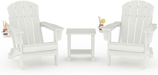 GarveeLife Folding Adirondack Chair Set of 2 with Side Table, All-Weather HDPE Outdoor Chair, Wooden Textured with Cup Holder for patios, Decks, Gardens, fire pits, White