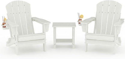 Garvee Folding Adirondack Chair Set of 2 with Side Table, HDPE Outdoor Patio Chair with Cup Holder, All Weather Resistent Wooden Textured for patios, Decks, Gardens, fire Pit, White