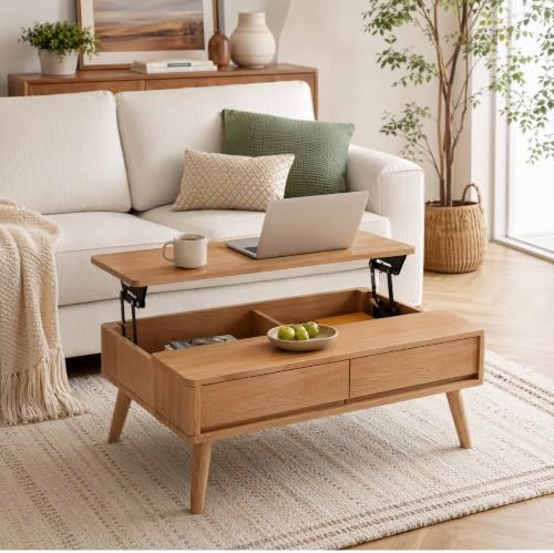 Solid Oak Lift Top Coffee Table with Drawers, Natural, 39,37"