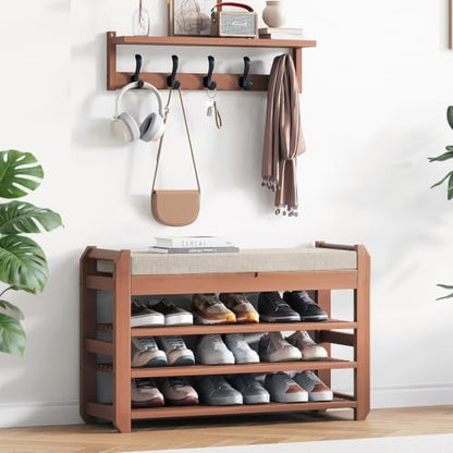 27.6" Shoe Rack Bench with Coat Rack, 3-Tier Entryway Storage Bench