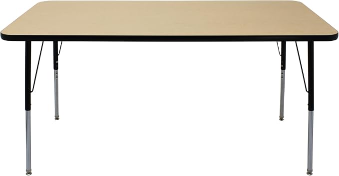 FDP Rectangle Activity School and Office Table (30 x 60 inch), Standard Legs with Swivel Glides, Adjustable Height 19-30 inches; Quick Ship Single Box - Maple Top and Black Edge