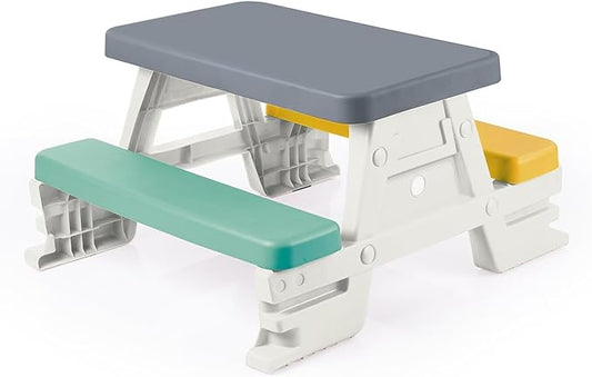 DOLU: Picnic Table for 4: White, Green, Yellow - Indoor/Outdoor, Bench Seating, Durable Waterproof Plastic Toy, 30.3 x 28 x 17, Toddler Kids Age 2+