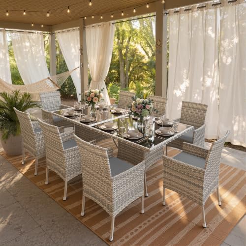 10-Piece Patio Dining Set, 2 Tempered Glass Tables & 8 Wicker Chairs
