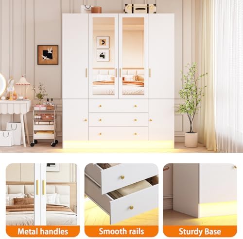 4 Doors LED Wardrobe Closet, 75" Tall Modern Armoire with Mirror & 3 Drawers, Wooden Armoire Wardrobe Closet for Bedroom, Hanging Rod, Freestanding Clothing Storage Cabinet, White