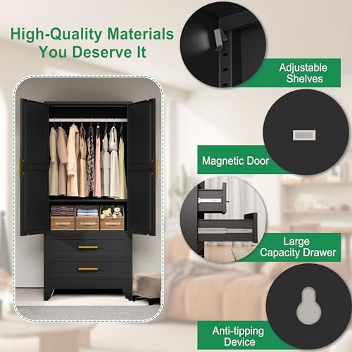 71" Metal Armoire Wardrobe Closet, Tall Clothing Storage Cabinet, Black