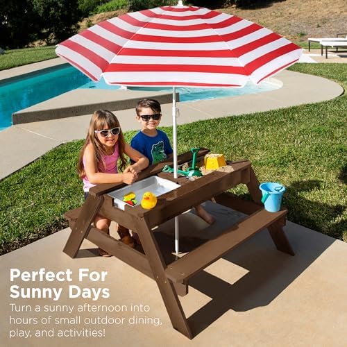 Best Choice Products Kids Picnic Table with Umbrella, 3-in-1 Sand & Water Table, Outdoor Convertible Picnic Table for Toddlers, Seats 4, Removable Top, 2 Buckets - Red