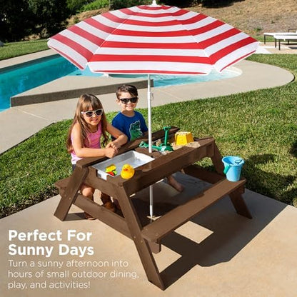 Best Choice Products Kids Picnic Table with Umbrella, 3-in-1 Sand & Water Table, Outdoor Convertible Picnic Table for Toddlers, Seats 4, Removable Top, 2 Buckets - Red