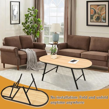 Foldable Coffee Table Natural Wood Oval Coffee Tables No Assembly Portable Floor Table Desk for Sitting on The Floor Low Coffee Table for Small Spaces Living Room Outdoor Use