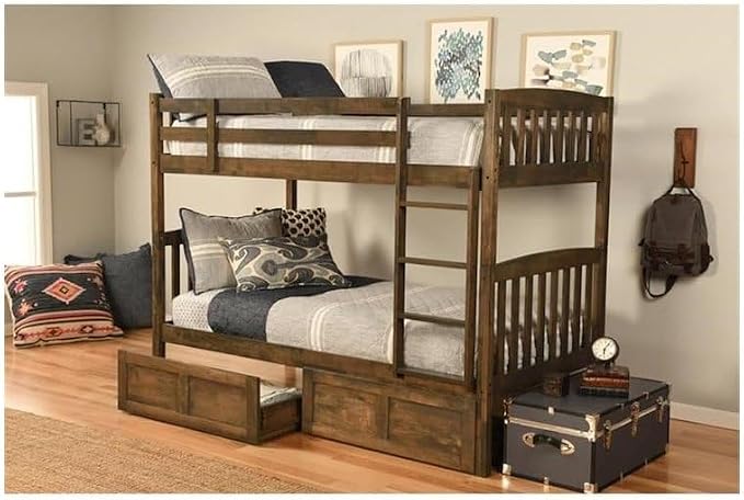 Kodiak Furniture Claire Wood Twin Over Twin Bunk Bed with Storage Drawers in Rustic Walnut Brown Finish - Mattresses Not Included