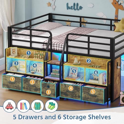 Full Low Loft Bed, 5 Drawers & 6 Bookcases, LED and Charging Station, Brown