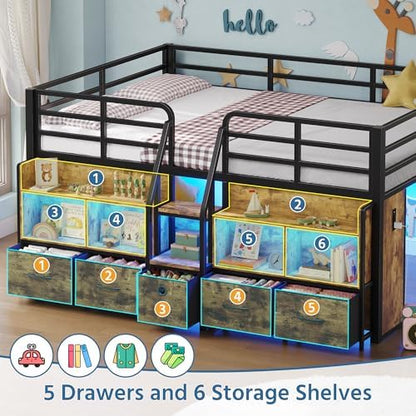 Full Low Loft Bed, 5 Drawers & 6 Bookcases, LED and Charging Station, Brown