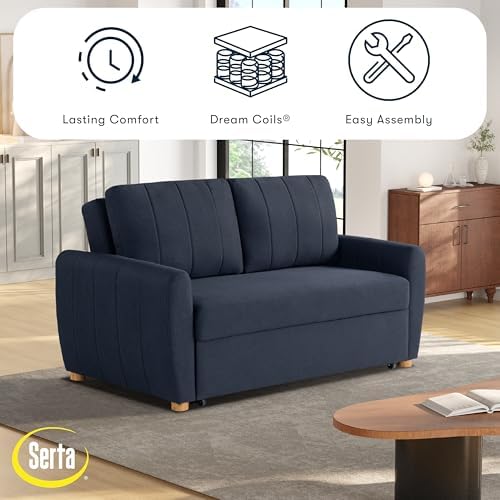 Serta® Galway 66.5" Full-Size Convertible Pop-up Sofa, Dream Coil® Comfort, Finger Guard® Pinch Point Protection, Woven Polyester Fabric, Navy Blue