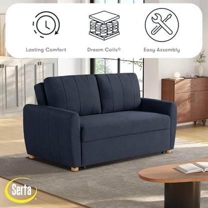 Serta® Galway 66.5" Full-Size Convertible Pop-up Sofa, Dream Coil® Comfort, Finger Guard® Pinch Point Protection, Woven Polyester Fabric, Navy Blue