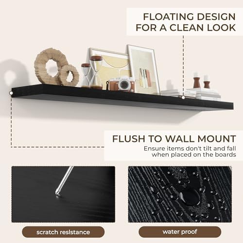 RICHFOCUS 72Inch Floating Shelves for Wall 1Pack, Black, 8" Deep