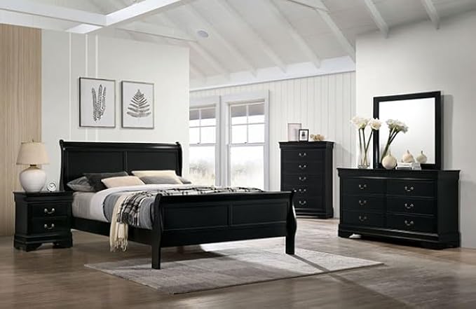 First of a Kind Louis Philippe Traditional Queen Size Bedroom Set 5 Piece with 2 Nightstands Sleigh Style in Black - Solid Wood Frame Elegant Classic Bedroom Furniture Set