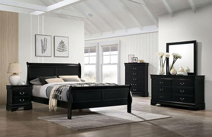 First of a Kind Louis Philippe Traditional Queen Size Bedroom Set 4 Piece Sleigh Design in Black Finish - Solid Wood Frame Elegant Classic Bedroom Furniture Set