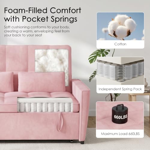 54'' Sleeper Sofa Bed, Convertible Pull Out Couch with Adjustable Backrest, Side Pockets & 2 Lumbar Pillows, Velvet Fabric Loveseat for Living Room, Apartment & Small Spaces (Pink)