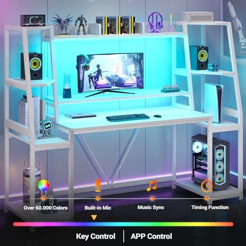 SEDETA 65.7'' Gaming Desk with LED Lights, Hutch and Storage Shelves, White