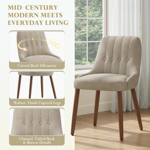 Wooden Dining Chairs Set of 2, Upholstered Fabric Kitchen Chairs with Tufted Button Backrest, Modern Dining Room Chairs with Solid Wood Legs for Kitchen, Camel