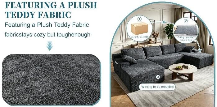 134 Inch Teddy Velvet Boneless Cloud Sectional Sofa, Tatami Style Modular, Frameless Deep Seat, Soft Fluffy Plush Cushions with Side Storage, Compressed No Assembly for Living Room & Apartment