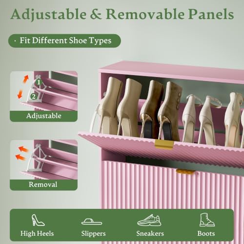Shoe Storage Cabinet for Entryway with 3 Flip Drawers, Hidden Slim Wood Shoe Organizer with Modern Fluted Panel, Freestanding Narrow Shoe Rack for Front Door Entrance, Hallway, Foyer, Pink