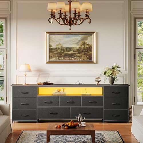 Huuger 70 Inch TV Stand for 75, 80 Inch TV, 11 Drawer Long Dresser with Power Outlets and LED Lights, Entertainment Center with Storage, Black Dresser with PU Leather Surface