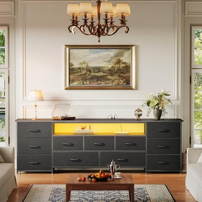 Huuger 70 Inch TV Stand for 75, 80 Inch TV, 11 Drawer Long Dresser with Power Outlets and LED Lights, Entertainment Center with Storage, Black Dresser with PU Leather Surface