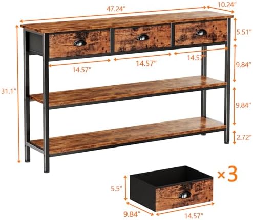 Furologee 47" Console Table with 3 Drawers,Entryway Table with Wooden Shelf