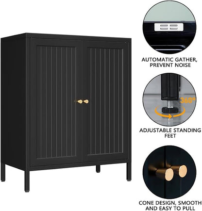 Metal Accent Storage Cabinet for Bedroom, LivingRoom, Office,Kitchen- Metal Locker Cabinet with 1 Adjustable Shelves-Bathroom Floor Storage Cabinet Freestanding Organizer(Stripe Door, Black)