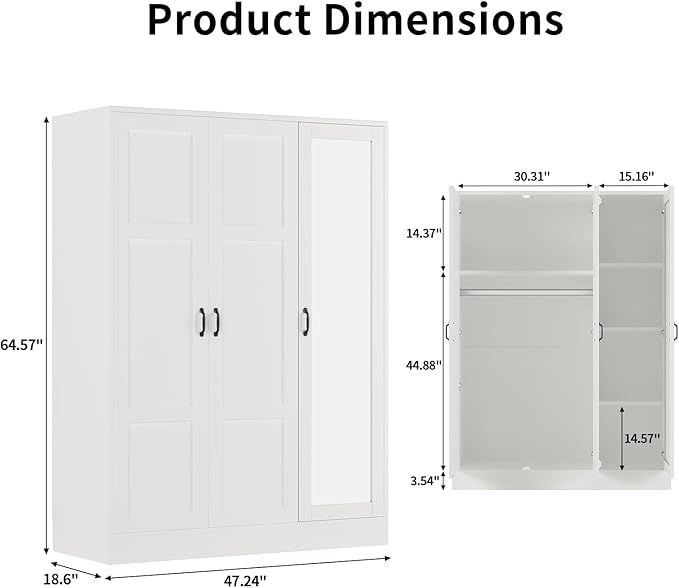 Yanosaku 3-Door Armoire Wardrobe Closet with Full Length Acrylic Mirror, Armoire with Adjustable Shelves & Hanging Rod, Freestanding Storage Cabinet for Bedroom, White