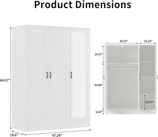 Yanosaku 3-Door Armoire Wardrobe Closet with Full Length Acrylic Mirror, Armoire with Adjustable Shelves & Hanging Rod, Freestanding Storage Cabinet for Bedroom, White