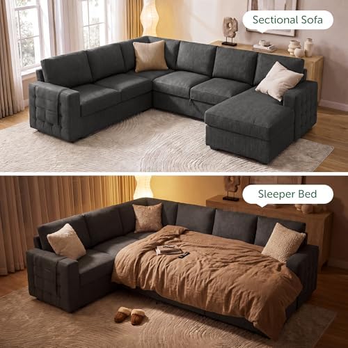 HONBAY Sectional Couch with Pull Out Bed, U-Shaped Sectional Sleeper Sofa with Storage, 6 Seater Sectional Sofa Bed, Mid-Grey