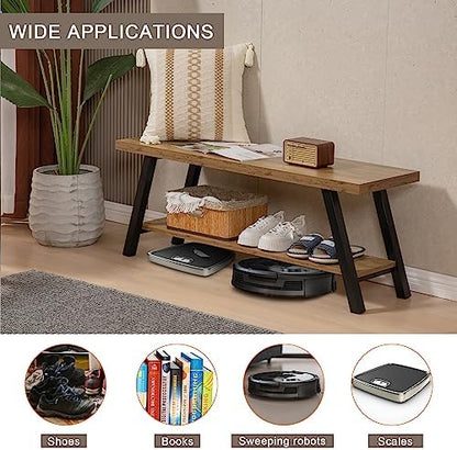 SUNTAGE Entryway Bench, Farmhouse Indoor Entry Way Shoe Benches Seat, Industrial Metal Shoe Storage Bench Organizer for Living Room, Bedroom, Hallway (Rustic Oak)