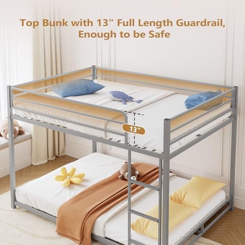 JOYMOR Bunk Bed Full Over Full, ASTM-Certified Twin Bed for Kids (Silver)