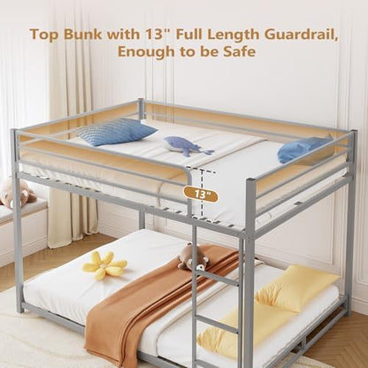 JOYMOR Bunk Bed Full Over Full, ASTM-Certified Twin Bed for Kids (Silver)