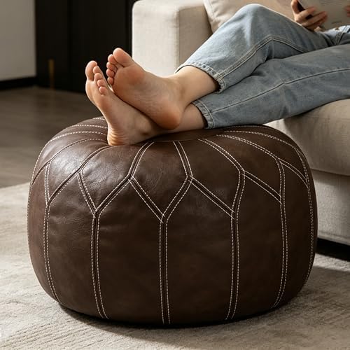 Thgonwid Round Unstuffed Pouf Cover, Faux Leather Storage Ottoman, Boho Moroccan Foot Stool, Multi-Purpose Home Decor for Living Room, Bedroom and Balcony, Deep Coffee, No Filling Included