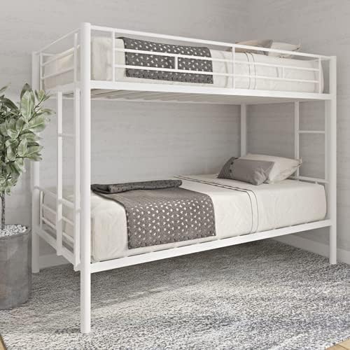 Metal Twin Over Twin Bunk Bed, Heavy-Duty Metal Bunk Bed, Noise Reduced Design/Safety Guardrail/2 Side Ladders/No Box Spring Needed (White)