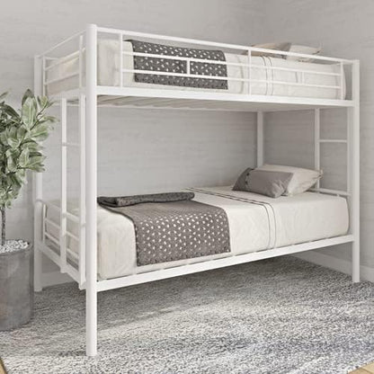 Metal Twin Over Twin Bunk Bed, Heavy-Duty Metal Bunk Bed, Noise Reduced Design/Safety Guardrail/2 Side Ladders/No Box Spring Needed (White)