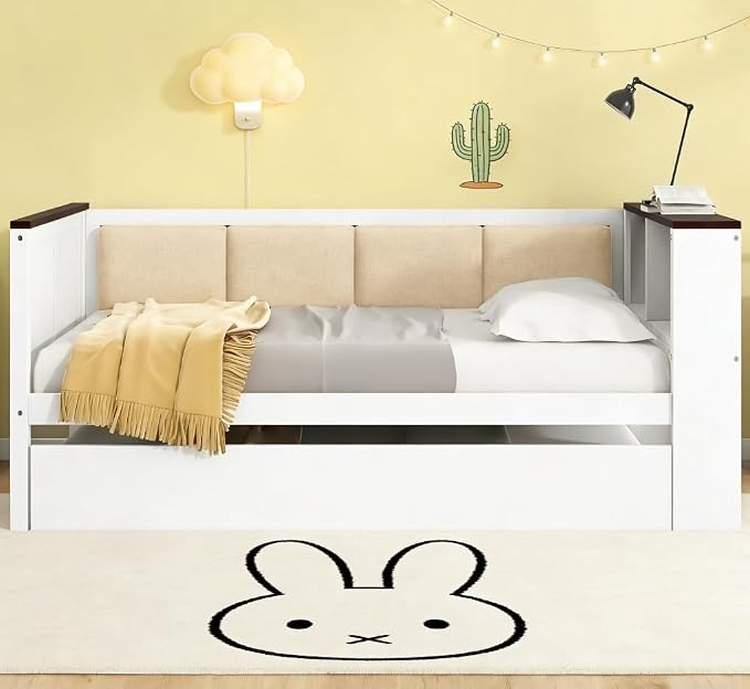 Bellemave Twin Size Corner Bed Frame with Storage Shelves and Trundle, Wood Twin Daybed with Bookcase and USB and Upholstered Backrest, White