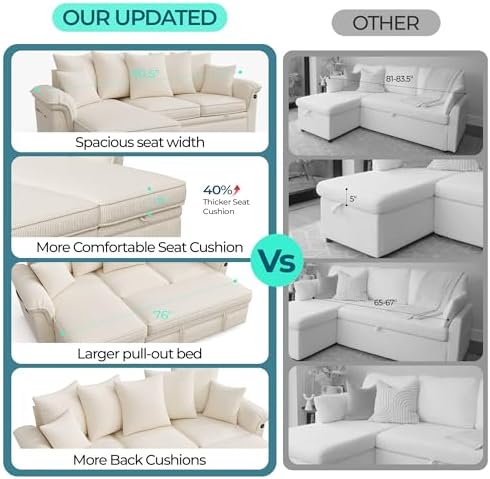 LINSY HOME Sectional Couch with Pull Out Bed, Large Corduroy Modular Loveseat Sleeper Sofa, Wide Armrest, 62" 2 Seats Sectional Couch for Living Room, Beige