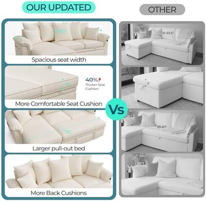 LINSY HOME Sectional Couch with Pull Out Bed, Large Corduroy Modular Loveseat Sleeper Sofa, Wide Armrest, 62" 2 Seats Sectional Couch for Living Room, Beige