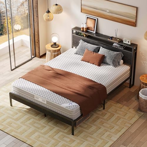 LIKIMIO Queen Bed Frame with 2-Tier Storage Shelf Headboard