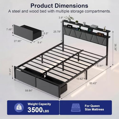 Queen Bed Frame with Storage Drawers & LED Lights, Metal Platform Bed with Charging Station and Upholstered Headboard, 2-Tier Storage Shelf, Noise Free, No Box Spring Needed